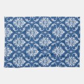 クラシックで青いダマスク織パターン キッチンタオル (横)