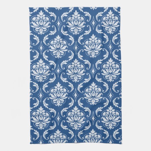 クラシックで青いダマスク織パターン キッチンタオル (縦)