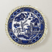 クラシックで青いヤナギのデザインの円形の枕 ラウンドクッション (裏面)