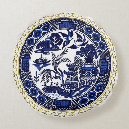 クラシックで青いヤナギのデザインの円形の枕 ラウンドクッション (裏面)