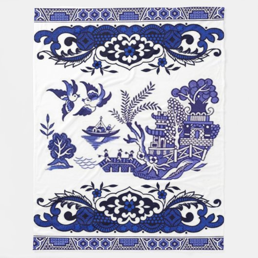 クラシックで青いヤナギのデザイン フリースブランケット (正面)