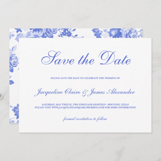 クラシックで青い花の原稿の結婚式の保存日付 セーブザデート (正面/裏面)