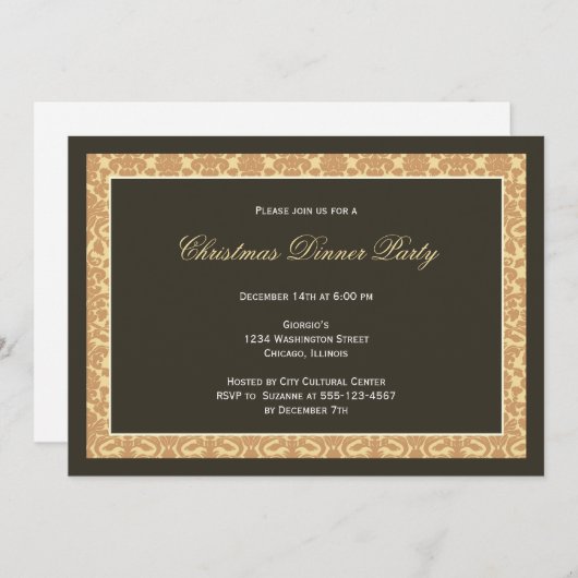 クラシックで黒いパネルの金ダマスク織フレームの休日 招待状 (正面/裏面)
