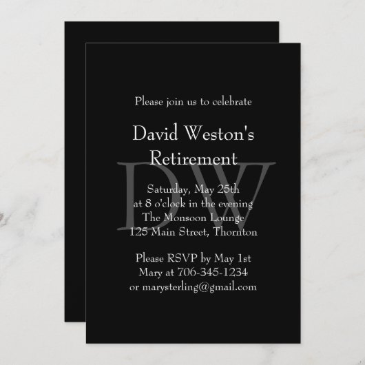 クラシックで黒いモノグラムの退職の招待状 招待状 (正面/裏面)