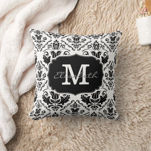 クラシックで、シックな白黒のダマスク織のモノグラムの名前 クッション (ブランケット)