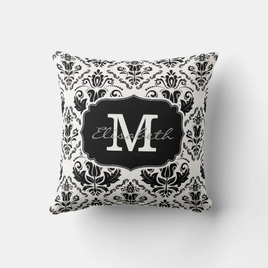 クラシックで、シックな白黒のダマスク織のモノグラムの名前 クッション (裏面)