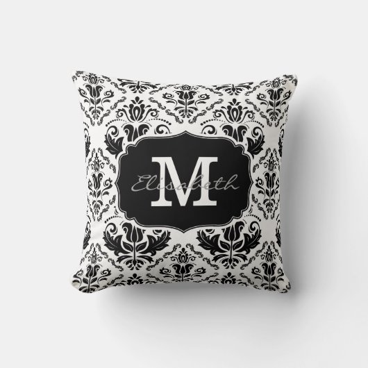 クラシックで、シックな白黒のダマスク織のモノグラムの名前 クッション (正面)