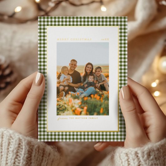 クラシックとエレガントグリーンファミリーの写真金ゴールド 箔シーズンカード