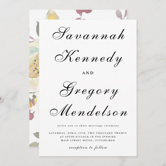 クラシックとスクリプエレガントトのミュートされたフローラ結婚の 招待状 (正面/裏面)