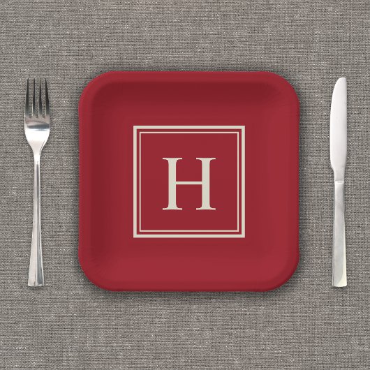 クラシックなエレガントなモノグラム ワインレッド ペーパープレート