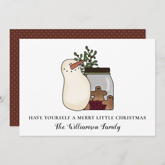 クラシックなカントリー雪だるまと実のクリスマスカード シーズンカード (正面/裏面)