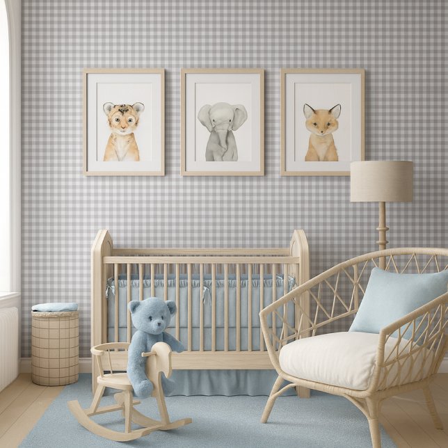 クラシックなギンガムチェックのグレーとホワイト 壁紙 (Mockup of boy nursery with khaki check wallpaper and blue decor )