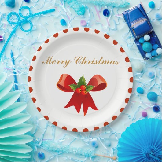 クラシックなクリスマスのヒイラギの果実の弓金ゴールドの赤の点 ペーパープレート (パーティー)