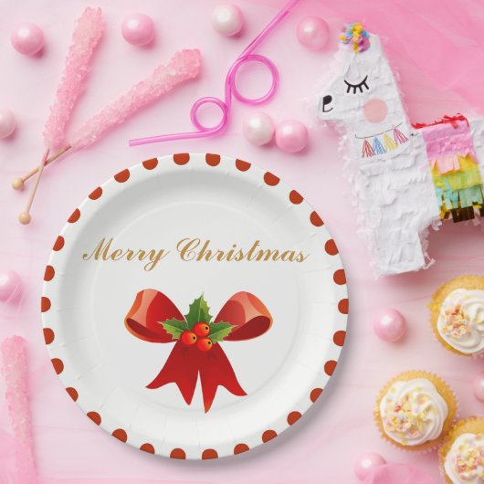 クラシックなクリスマスのヒイラギの果実の弓金ゴールドの赤の点 ペーパープレート (パーティー)