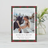 クラシックなクリスマスのプレイド柄 結婚記念 フォト シーズンカード (スタンド正面)