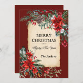 クラシックなクリスマスの花のフラットホリデーカード シーズンカード (正面/裏面)