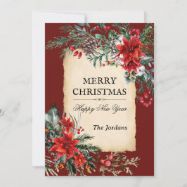 クラシックなクリスマスの花のフラットホリデーカード シーズンカード