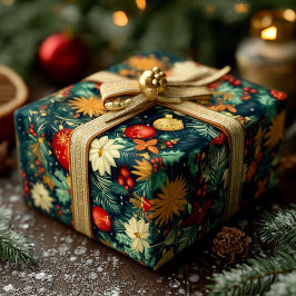 クラシックなクリスマスオーナメントとホリデーフォリアージュ ラッピングペーパー