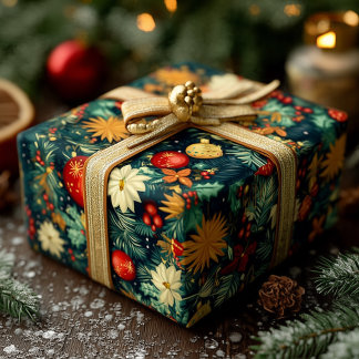 クラシックなクリスマスオーナメントとホリデーフォリアージュ ラッピングペーパー