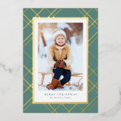 クラシックなクリスマスプレイドグリーン ワンフォト エレガント 箔シーズンカード (正面)