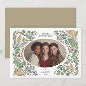 クラシックなクリスマスベルと葉飾り | ホリデー シーズンカード (正面/裏面)