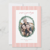 クラシックなストライプのクリスマスホリデーシーズンリース フラットカード シーズンカード (正面)