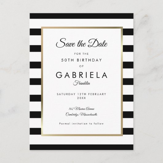 クラシックなストライプのセーブ・ザ・デート(あらゆる年齢の誕生日) ポストカード (正面)