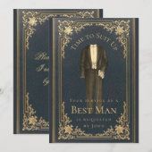 クラシックなスーツアップタイム ブルーゴールド ベストマン プロポーズ 招待状 (正面/裏面)