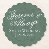 クラシックなセージグリーンの手描きウェディングスケッチアート ペーパーコースター (正面)