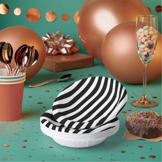 クラシックなソリッドホワイトとブラックストライプの7インチ ペーパーボウル (複数)