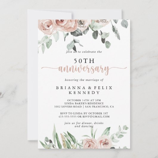 クラシックなダスティピンクのローズ 50周年結婚記念日 招待状 (正面)