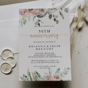クラシックなダスティピンクのローズ 50周年結婚記念日 招待状