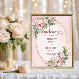 クラシックなダスティピンクの花 ゴールド ウェルカムサイン ポスター