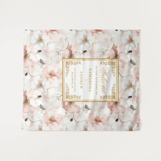 クラシックなダスティピンクゴールドの花柄ウェディングタペストリー タペストリー (正面(横))