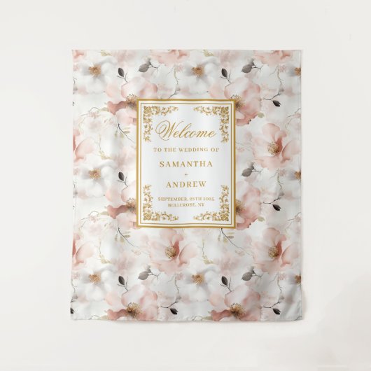 クラシックなダスティピンクゴールドの花柄ウェディングタペストリー タペストリー (正面)