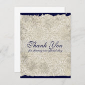 クラシックなダマスク柄の結婚式のお礼状、ネイビーブルー サンキューカード (正面/裏面)