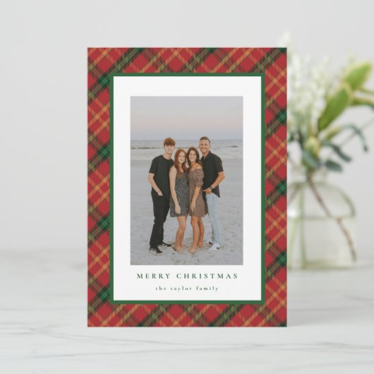 クラシックなチェック柄のクリスマスカード 赤と緑のデザイン シーズンカード (スタンド正面)
