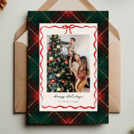 クラシックなチェック柄のクリスマス写真カード（赤いリボン付き） シーズンカード