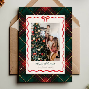 クラシックなチェック柄のクリスマス写真カード(赤いリボン付き) シーズンカード