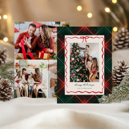 クラシックなチェック柄のクリスマス写真カード（赤いリボン付き） シーズンカード