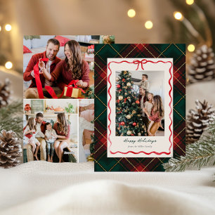 クラシックなチェック柄のクリスマス写真カード(赤いリボン付き) シーズンカード