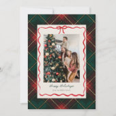 クラシックなチェック柄のクリスマス写真カード(赤いリボン付き) シーズンカード (正面)