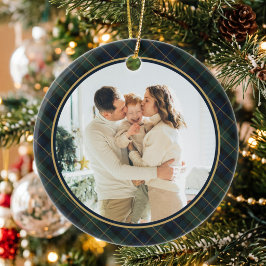 クラシックなチェック柄のフォトクリスマス セラミックオーナメント