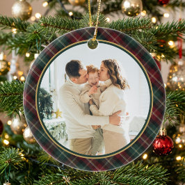 クラシックなチェック柄のフォトクリスマス セラミックオーナメント