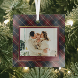 クラシックなチェック柄の家族写真クリスマス ガラスオーナメント