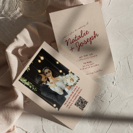 クラシックなディープレッドの遊び心あるQRコード写真ウェディング 招待状