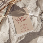 クラシックなディープレッドブルーの遊び心あるウェディングフォト 招待状