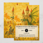 クラシックなドラゴンと騎士の童話シーンの誕生日 招待状 (正面/裏面)