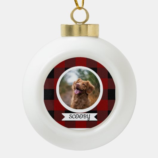 クラシックなバフロー・チェック柄のペット写真 セラミックボールオーナメント (正面)