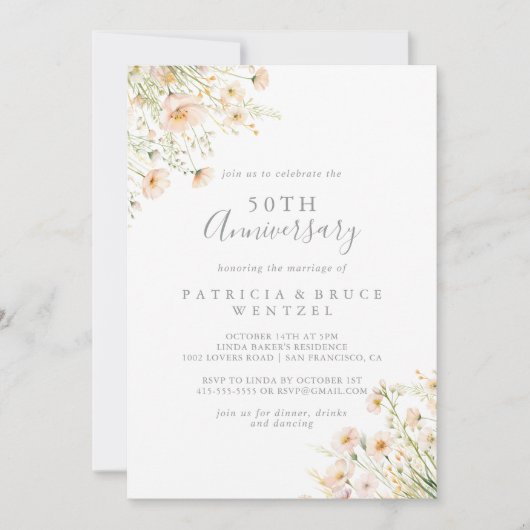 クラシックなバラ色のワイルドフラワー 50周年結婚記念日 招待状 (正面)